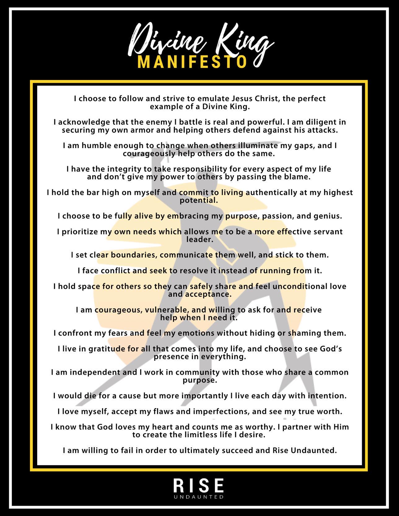 A manifesto is written in black and gold.